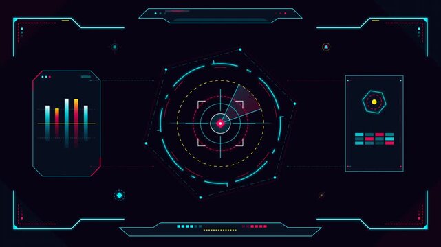 Futuristic HUD screen with digital graphs and radar target design vector illustration