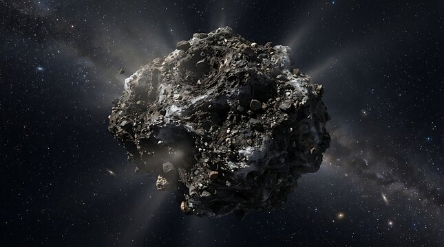 Large dark asteroid surface floating through empty dark space.