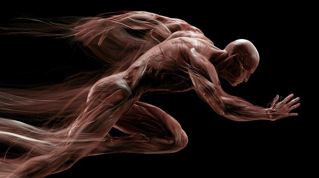 Ecorche anatomy of a human body running, muscular system view, 3d render