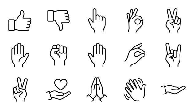 Collection of hand gestures and signs in simple black line art style
