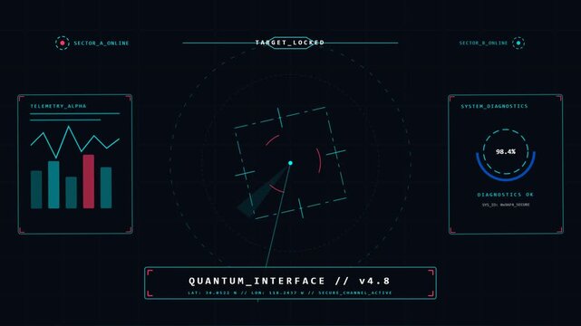 Futuristic digital user interface with quantum radar and data visualization charts