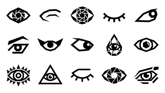Collection of abstract black eye symbols and shapes on a white background