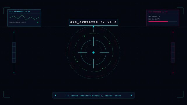 Futuristic digital user interface with glowing target crosshair and neon graphs on dark screen