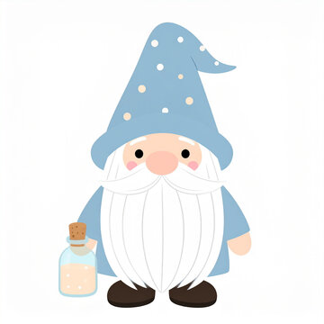 an illustrated character that resembles a bearded wizard or sorcerer, wearing a traditional blue wizard's hat adorned with white stars