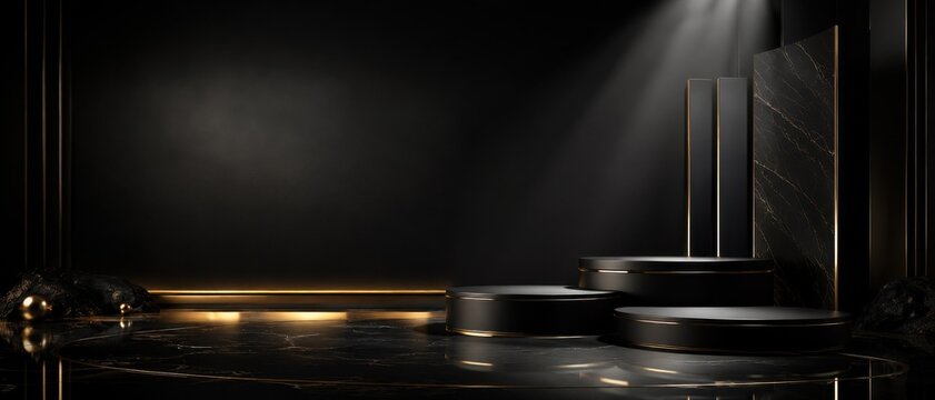 Luxury black and gold podium stage with empty backdrop