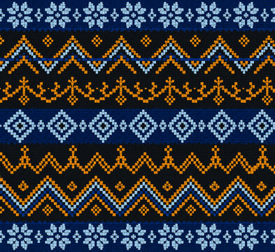 Seamless Pixel Art Geometric Pattern with Blue and Orange Folk Embroidery Inspired Motifs on Dark Background
