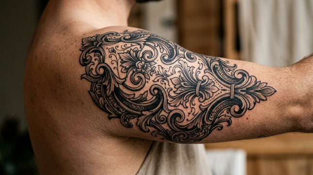 Ornate black ink tattoo on man's upper arm, detailed floral pattern