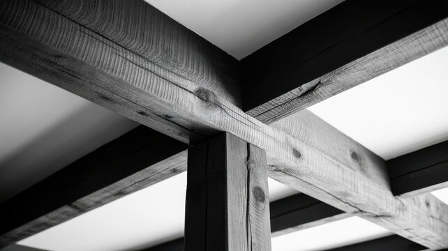 Rustic wooden ceiling beams in black and white interior design