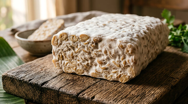 Raw soybean tempeh block resting on a wooden cutting board with green leaves nearby fermented vegetarian ingredient nutrition superfood culinary homemade