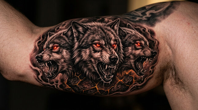 Three-headed wolf tattoo, fierce, glowing red eyes, dark fantasy art on arm