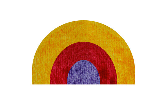 Layered semicircular arch in yellow, red and purple with visible painted pigment texture, isolated on a transparent background.