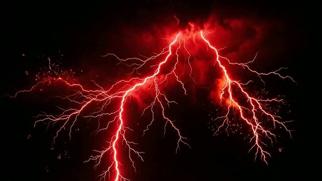 Dramatic lightning storm with vivid red and orange thunderbolts in the night sky