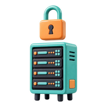 3d rendered icon of a secure server cabinet with a padlock transparent background