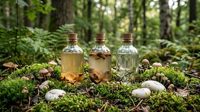Forest floor with mushrooms and ferns in natural light.