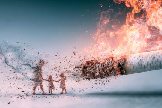 Conceptual Artwork Representing Anti-Smoking Message with Figures Emerging from Cigarette Smoke
