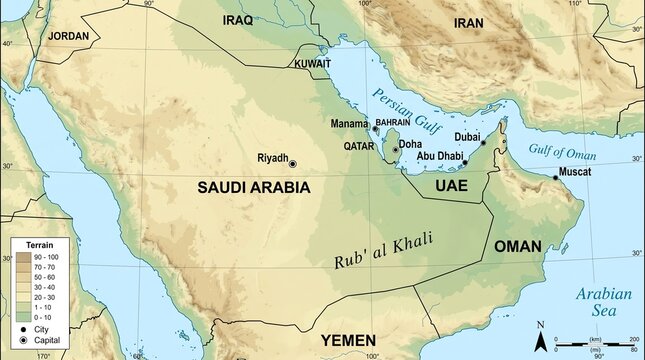 Political map of the Arabian Peninsula with countries and major cities