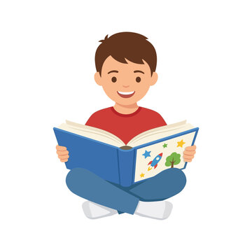 A cute cartoon illustration of a happy little boy sitting on the floor and reading an open storybook