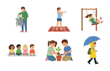 Naklejka premium Set of vector illustrations featuring children engaged in various daily school and outdoor activities