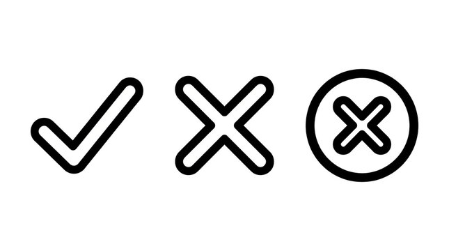 Checkmark, Cross Mark, and Circle Cross Symbol Line Icon Set Vector Illustration