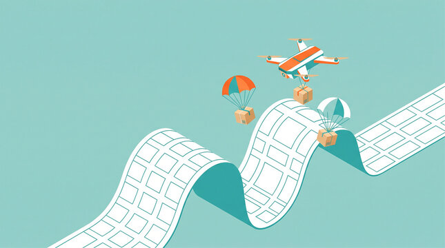 Isometric vector illustration of a delivery drone dropping parachute packages along a winding road map