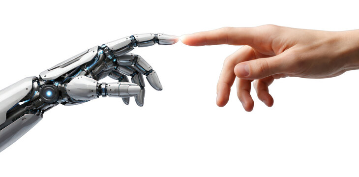 PNG Human and robot hands reaching towards each other.