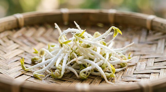 Fresh raw bean sprouts in woven bamboo basket close-up with vegetable superfood ingredient nutrition agriculture sustainable culinary sprouting