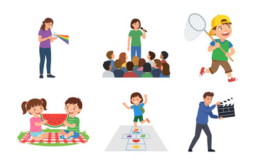 Fototapeta premium Set of vector illustrations featuring children engaged in various active school and outdoor play activities