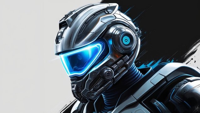 Futuristic metallic sci-fi helmet design with glowing blue neon visor and cybernetic elements.