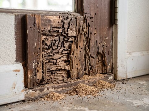 Termite damage on wooden door frame with visible tunneling and frass
