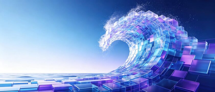 Large breaking ocean wave constructed from glowing translucent blue and purple glass square blocks represents digital technology and data wave concept