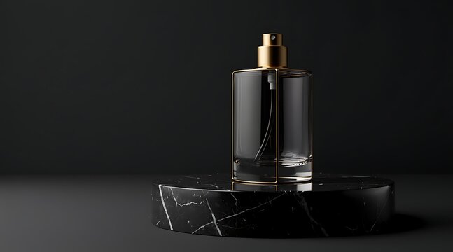 Elegant luxury perfume bottle with gold accents on black marble podium against dark minimalist background