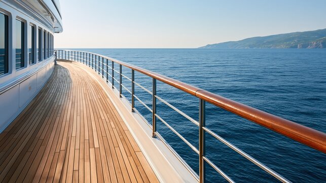 Empty wooden walking deck on luxury cruise ship with wooden and metal railing overlooking calm deep blue sea and distant coastal hills on clear sunny day