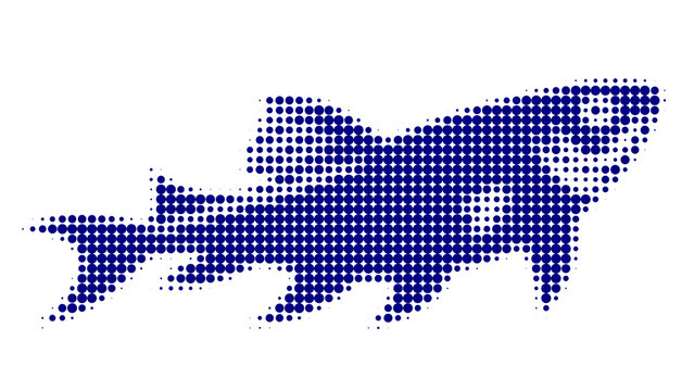 Halftone fish silhouette. Dark blue dotted vector illustration of an aquatic animal isolated on white