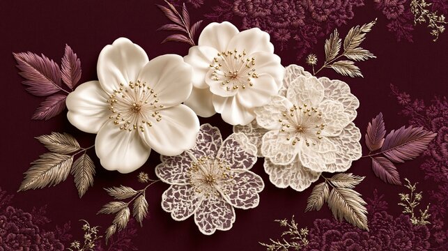 Luxury handcrafted 3d fabric flowers with lace and gold beaded details on deep burgundy embroidered fabric background shows elegant textile art
