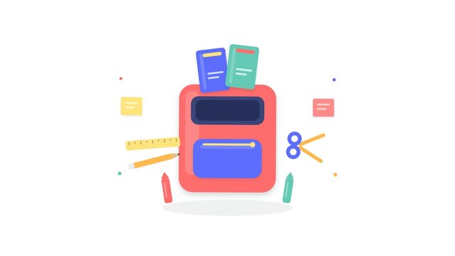 School backpack filled with books and stationery supplies for education and learning