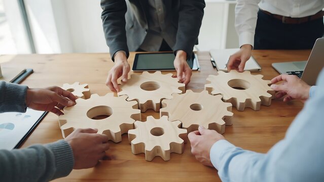Businesspeople assemble wooden gear cogs together on a desk to demonstrate teamwork.