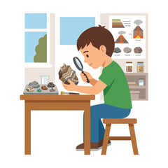 Young boy studying geological samples with a magnifying glass in a classroom science laboratory setting