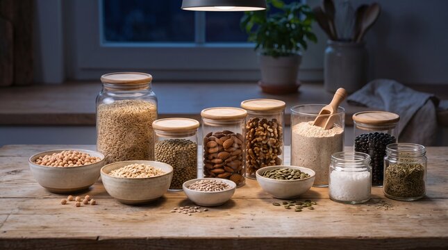 Assortment of Grains, Beans, and Nuts in Jars