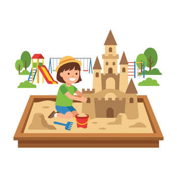 A cute little girl playing in a sandbox building a sandcastle in a colorful playground vector illustration