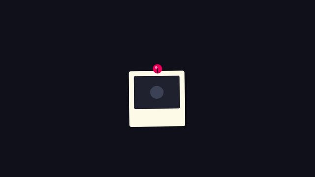 Minimalist polaroid frame animation with red push pin on dark 4k background, motion pushpin