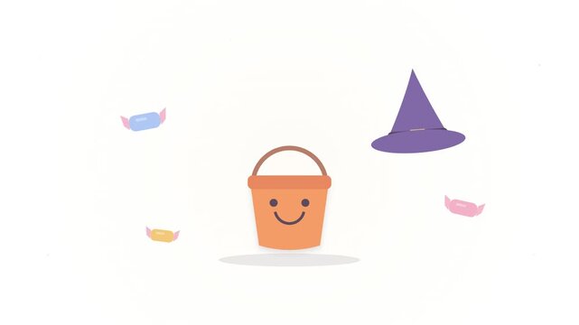 Orange bucket with smiling face surrounded by colorful candy and purple witch hat for Halloween trick or treat