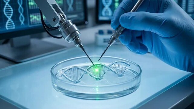 Precision genomic engineering specialist using automated instrument and delicate tool for targeted genetic material manipulation.
