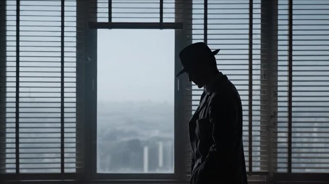 Silhouette of a mysterious man in a fedora standing by a window
