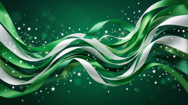 Abstract flowing green and white ribbons with sparkles on dark background