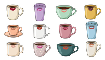 Obraz premium Coffee Mugs and Teacups Set with Lipstick Mark Smudges on the Rim for Cafe Branding Morning Routines and Women Lifestyle Graphic Vector Designs