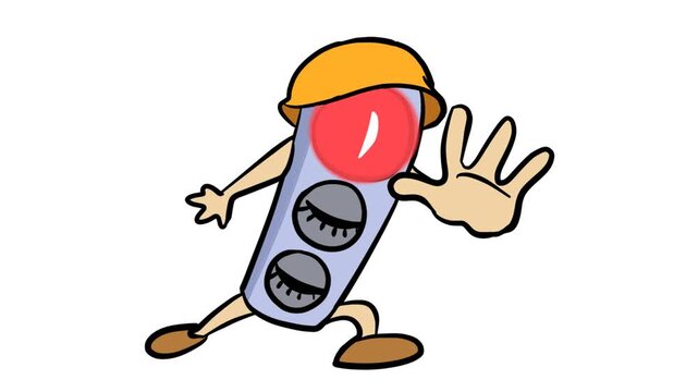 Cute animated red stoplight mascot wearing yellow helmet making a stop gesture. Road safety animation loop vector graphics