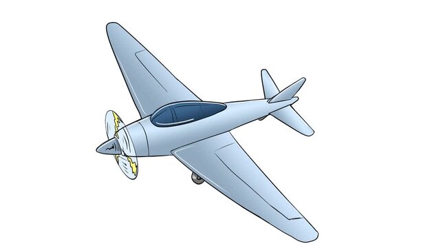 Light blue cartoon propeller airplane in flight animation with rotating prop. Vector aviation transportation graphic