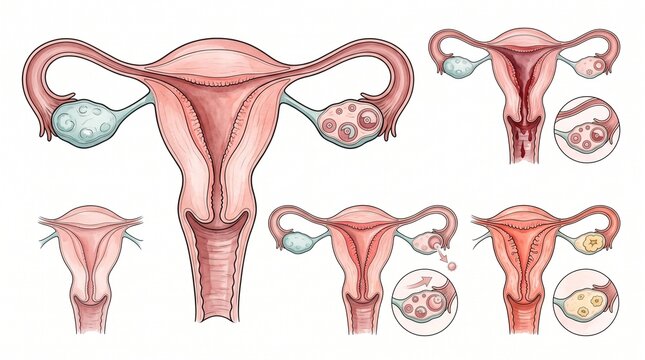 Detailed medical illustration of the female reproductive system and menstrual cycle phases