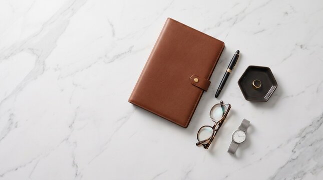 Brown leather planner with pen and accessories on a white marble desk surface
