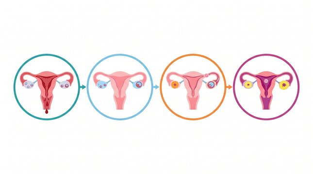 Female menstrual cycle diagram with uterus and ovaries phases showing biological stages and hormonal changes in flat vector illustration